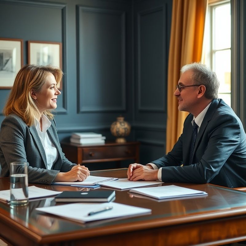 Finanční poradce vede rozhovor s klientem u přehledného pracovního stolu